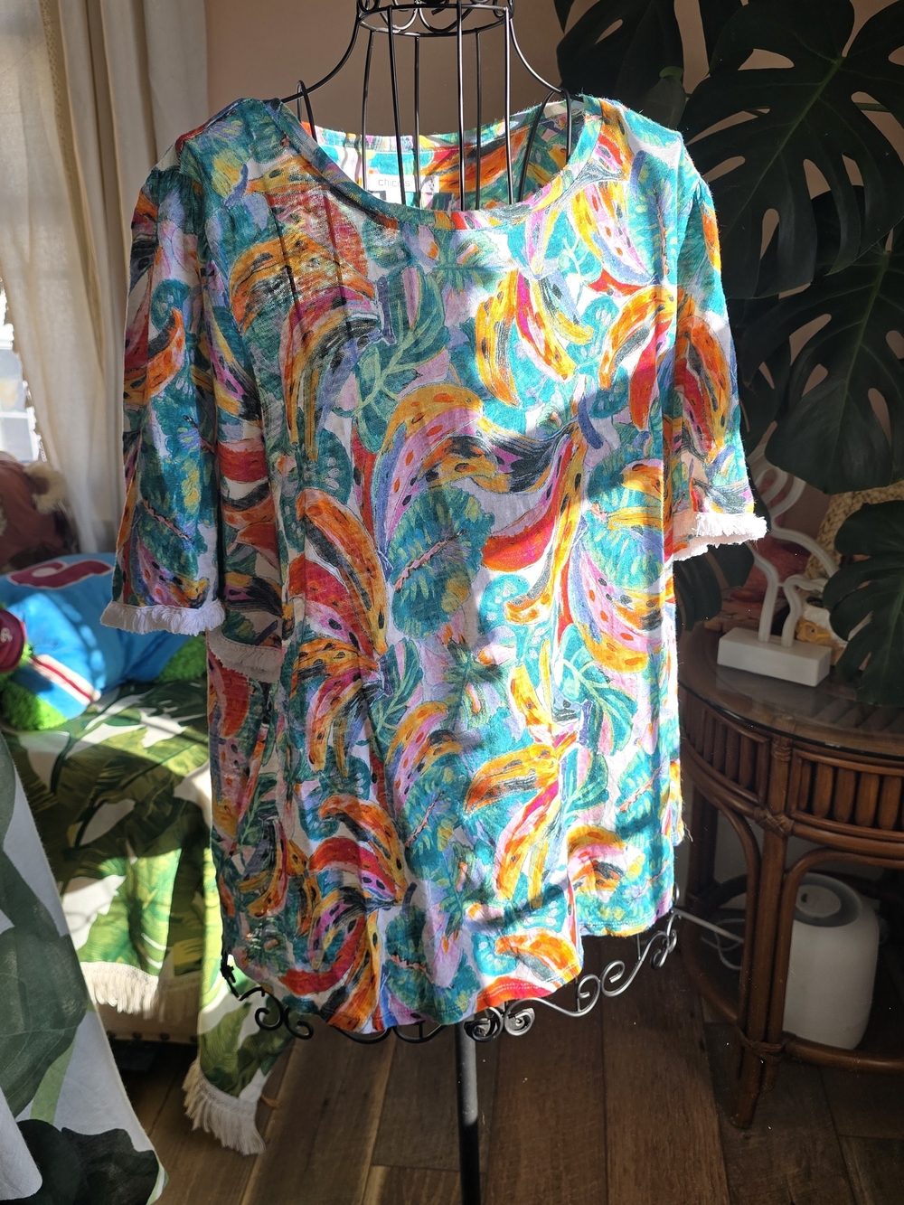 Chico's Tropical Banana Palm Fringe Trim Top Size 3 / XXL